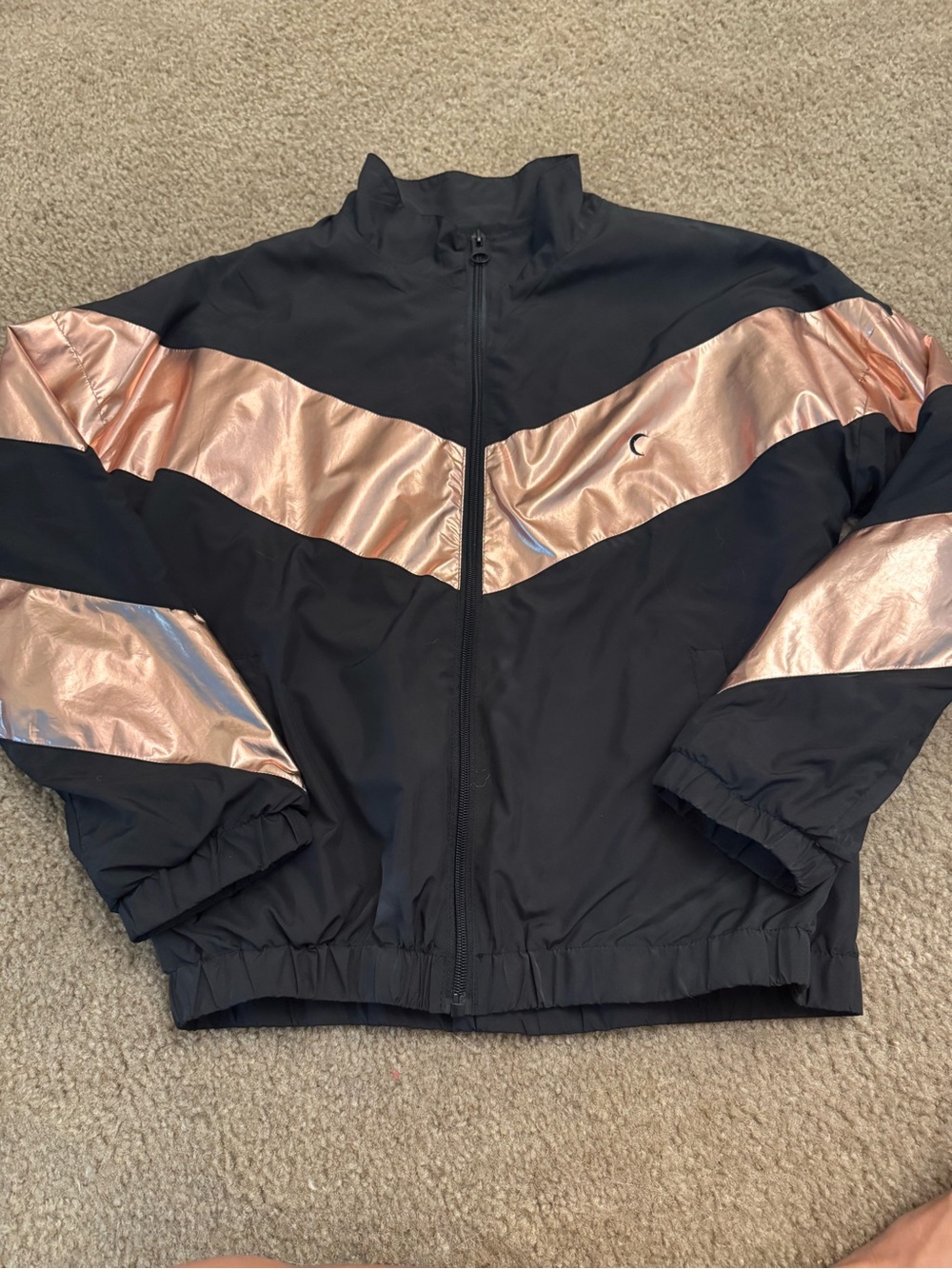 Black Windbreaker with Metallic Rose Chevron Detail